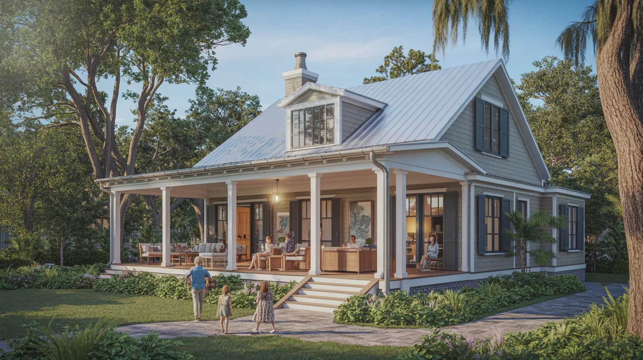 A cottage-style home featuring a welcoming porch and a covered entryway, surrounded by greenery.
n