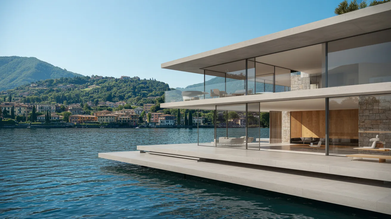 A modern house by the water, featuring a stunning view of surrounding mountains in the background.
