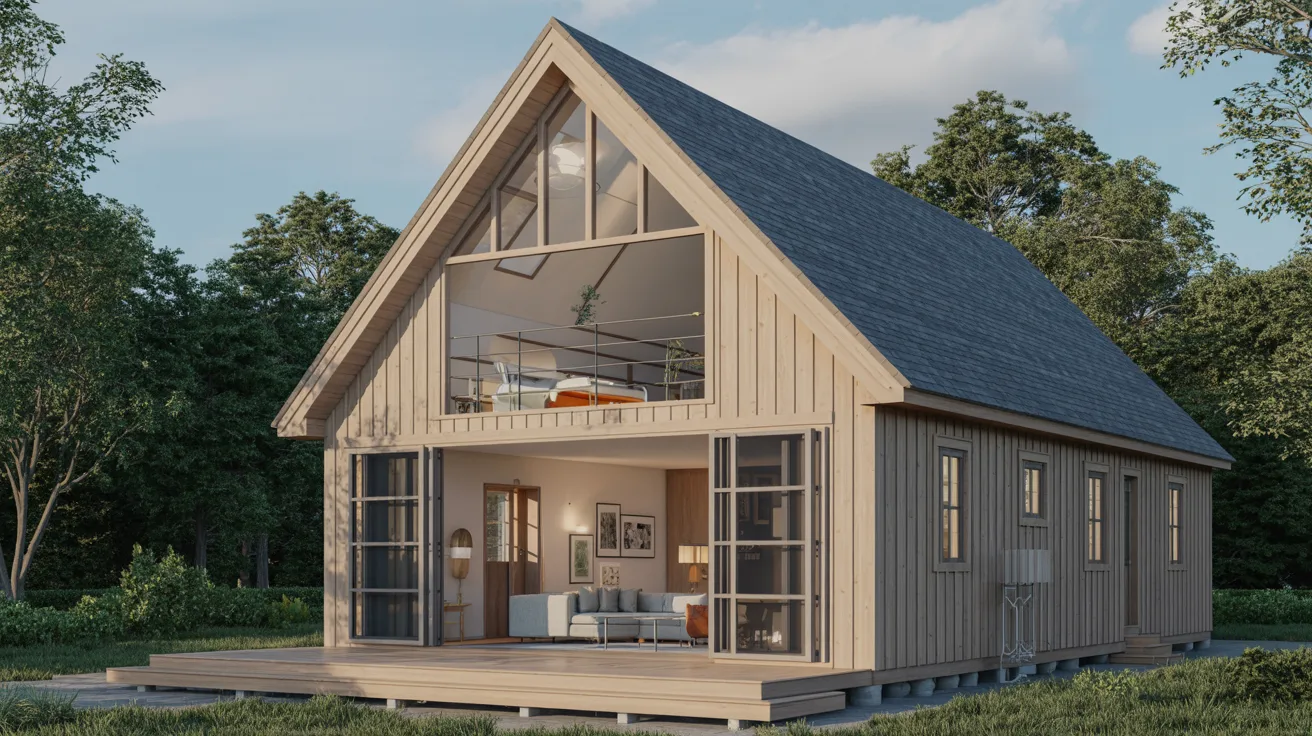 A compact house with a welcoming porch and a spacious deck, set in a natural environment.