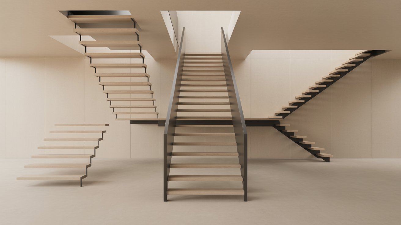A staircase featuring wooden steps and a sleek metal railing.