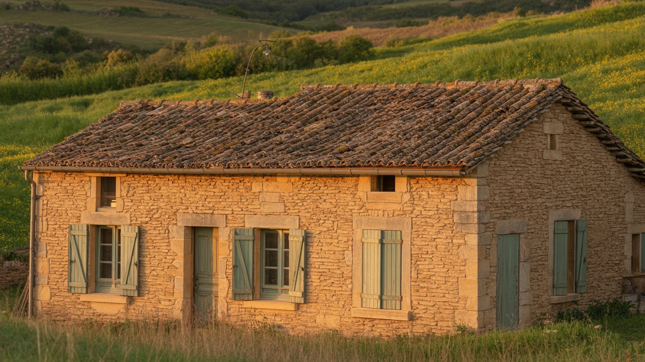A rustic stone house surrounded by lush greenery in a serene countryside setting.