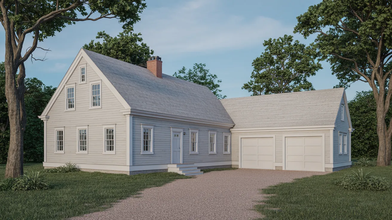 A small white house with a driveway, surrounded by greenery, depicted in a detailed rendering.