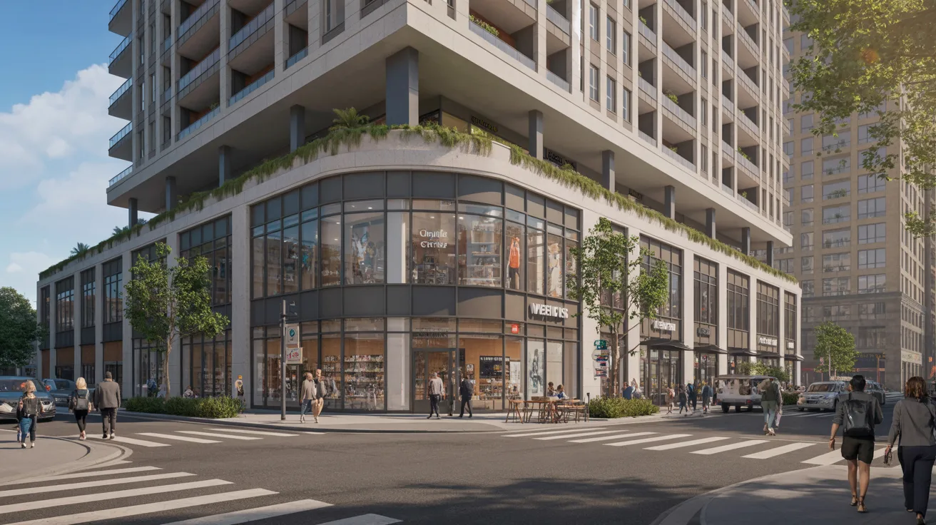 New building planned at the street corner, showcasing modern architecture and urban design