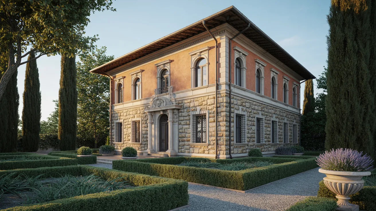  An old house with a lush garden in front, showcasing vibrant flowers and greenery.