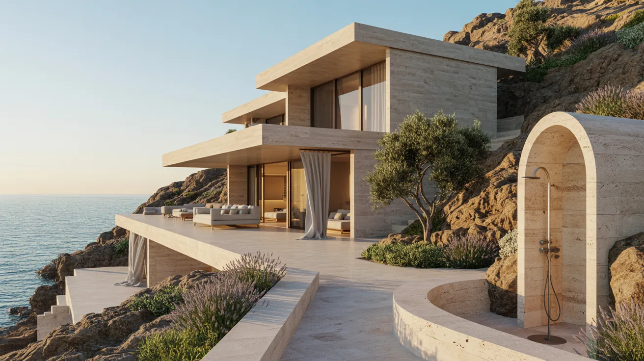 A modern house perched on a cliff, offering a stunning view of the ocean below.
