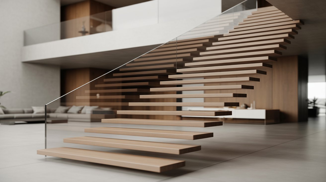  Modern staircase with sleek lines and minimalist design in a contemporary house interior.
