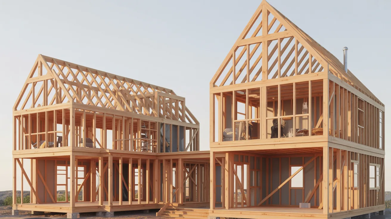 Two wooden houses being built on a hillside, with construction materials scattered around and greenery in the background.
