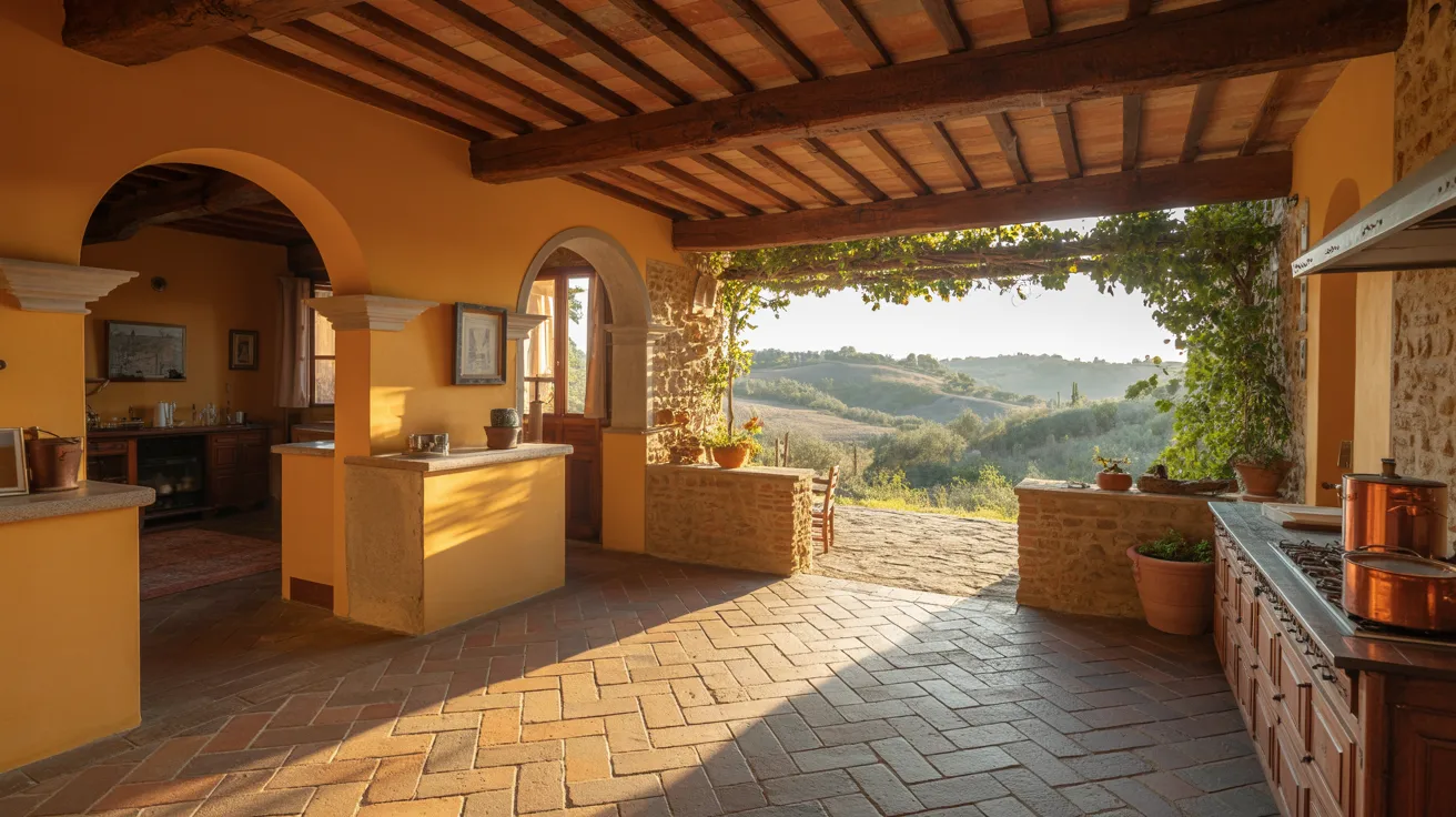 A bright kitchen featuring large windows that showcase a scenic view of the countryside.