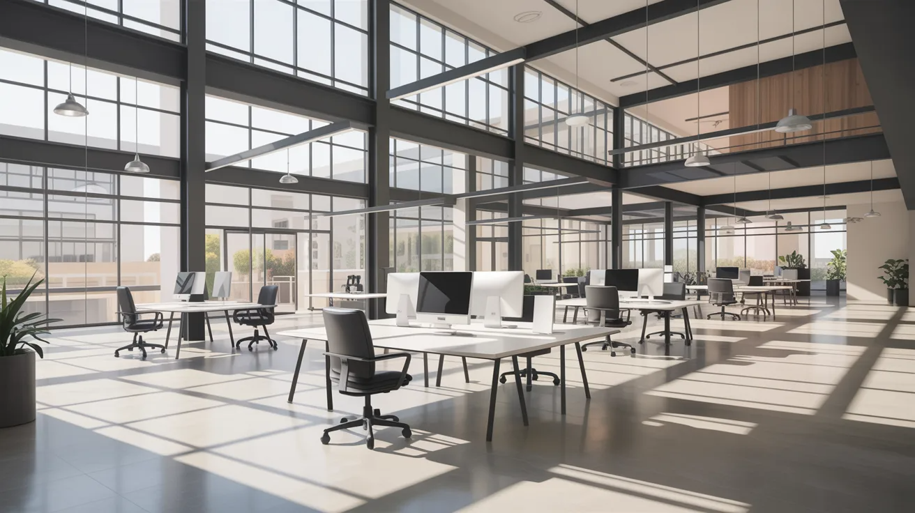 An open office space featuring multiple desks and chairs arranged for collaborative work.
