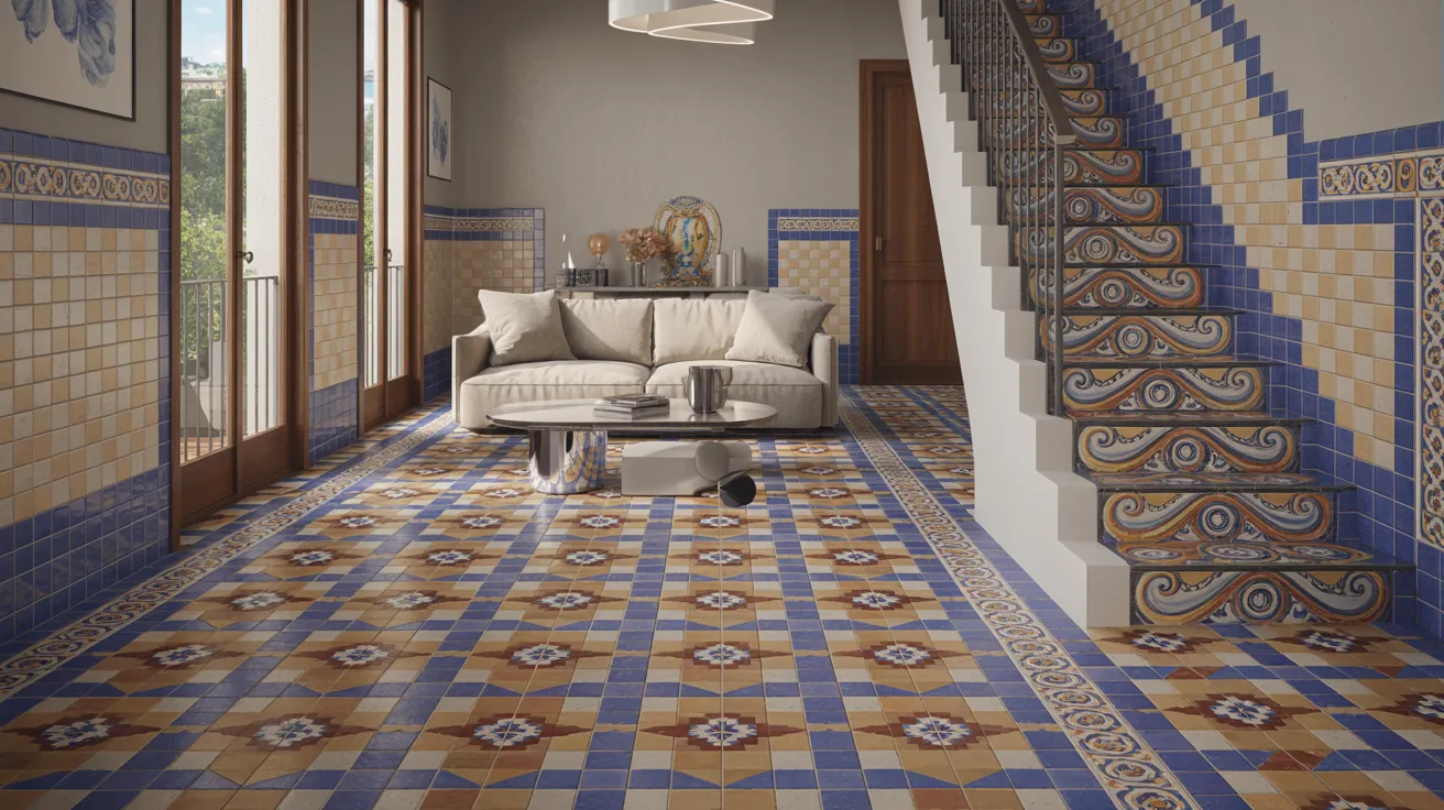 A living room featuring blue and white tiled floors, creating a bright and inviting atmosphere.