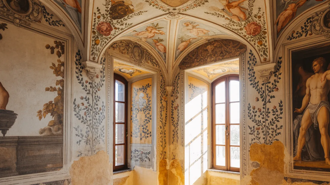 A room adorned with colorful paintings on both the walls and ceiling, creating an immersive artistic atmosphere.
