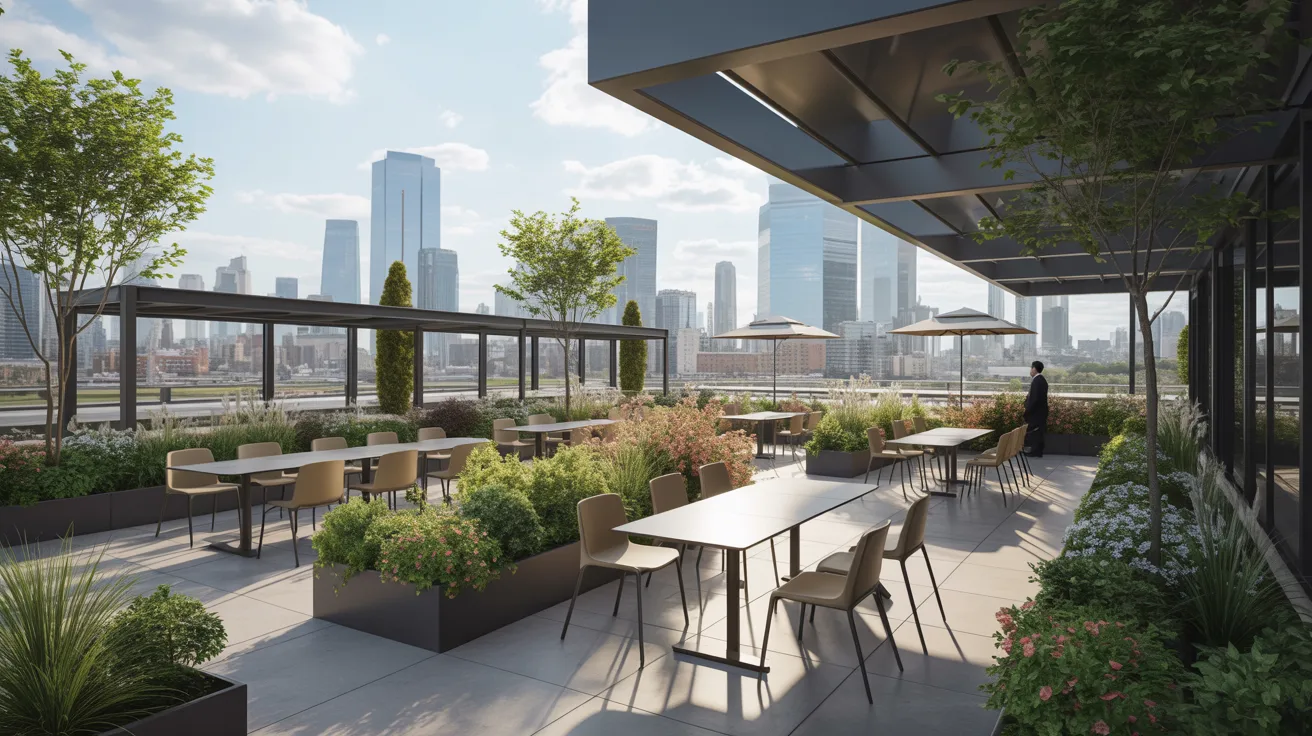 Rooftop terrace at a New York hotel, featuring city skyline views and outdoor seating for guests to enjoy.