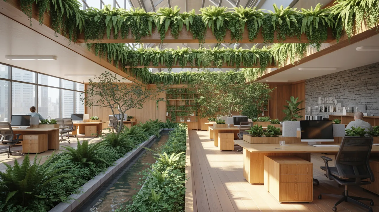 An office environment filled with greenery, showcasing plants on surfaces and hanging overhead for a refreshing ambiance.
