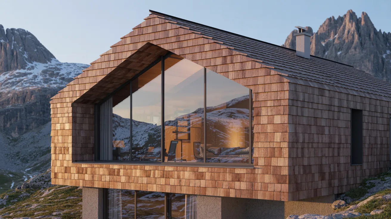 A wooden house set against a backdrop of majestic mountains under a clear blue sky.