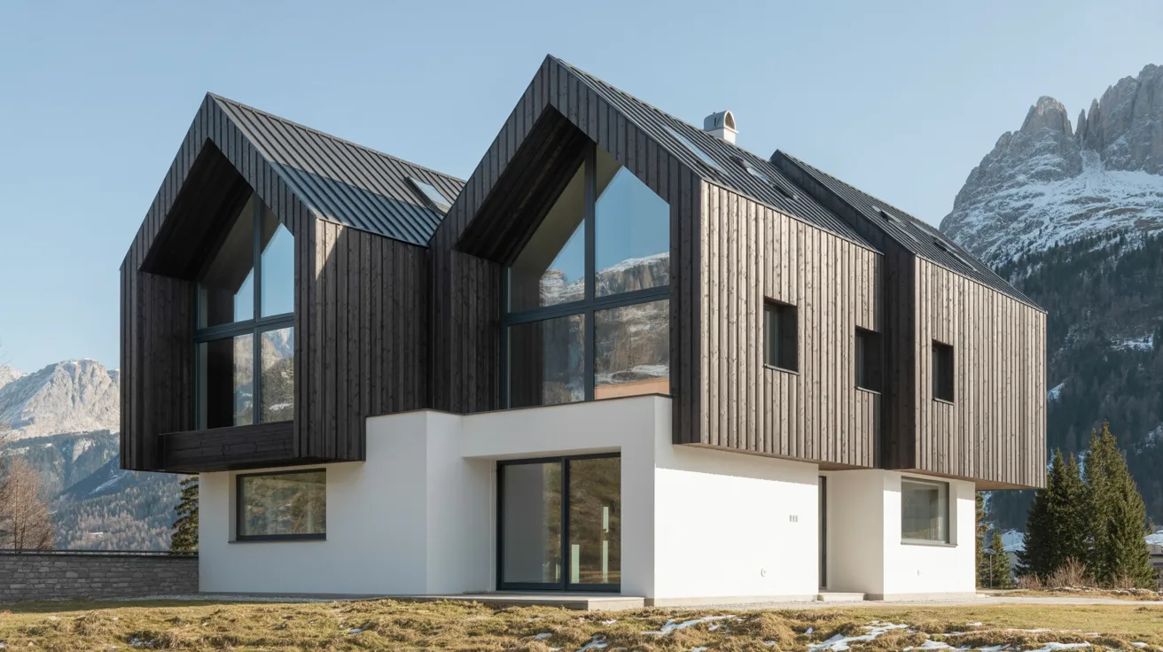 A modern house featuring a striking design with contrasting black and white siding.
