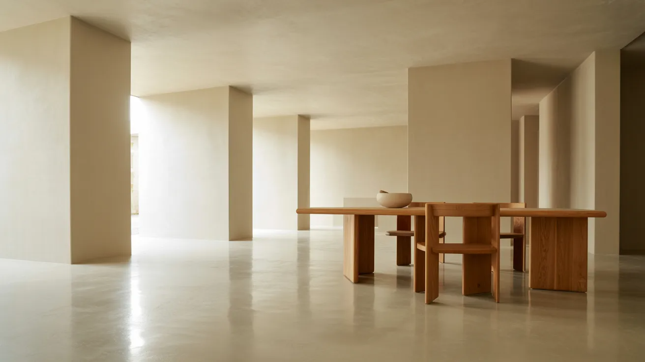 A table and chairs set in a room with white walls, creating a clean and minimalist atmosphere.