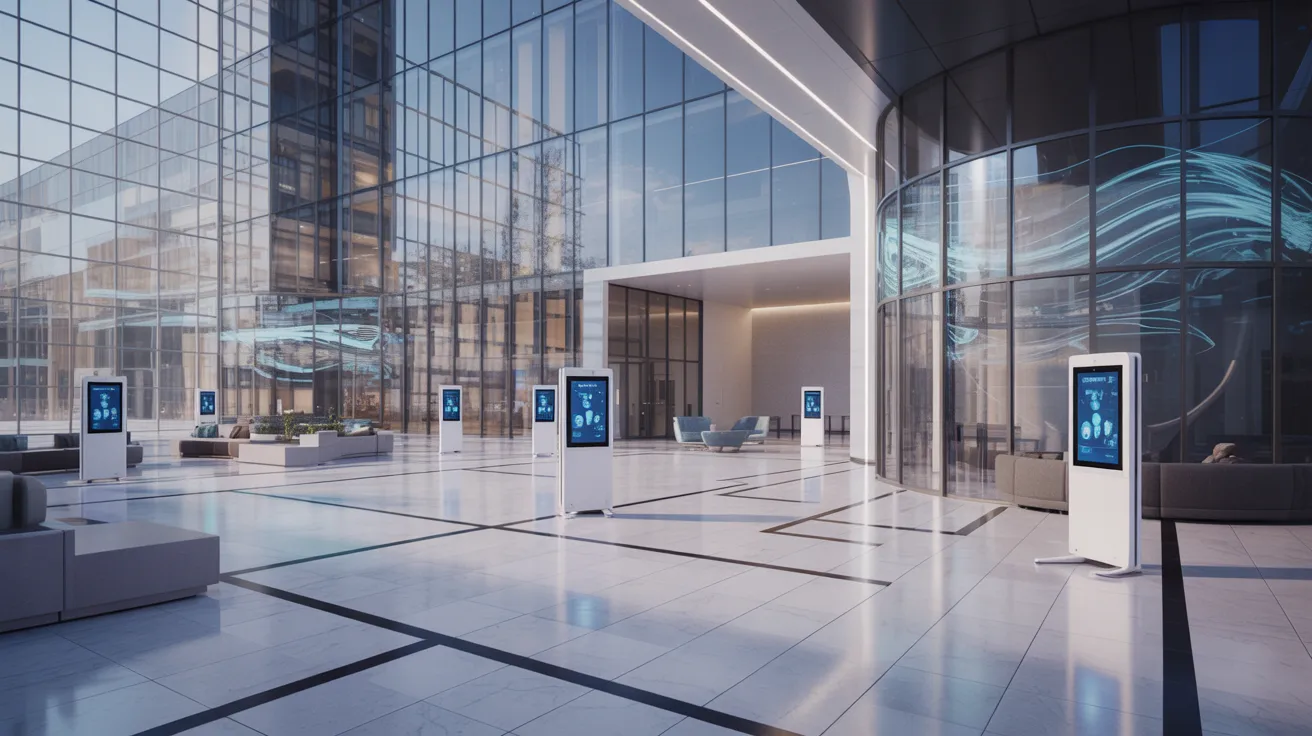 A modern lobby featuring glass walls and a large digital screen displaying information or advertisements.