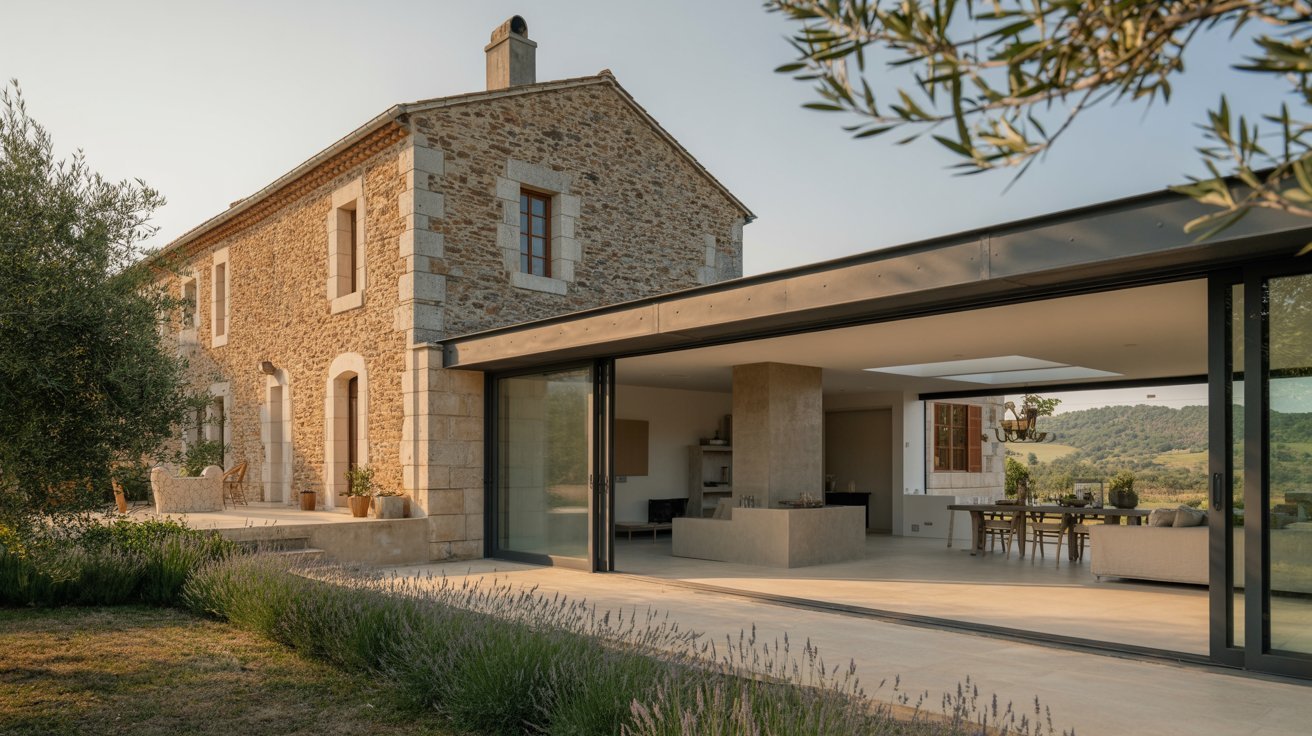 A stone house featuring a spacious patio and large glass walls, blending indoor and outdoor living.