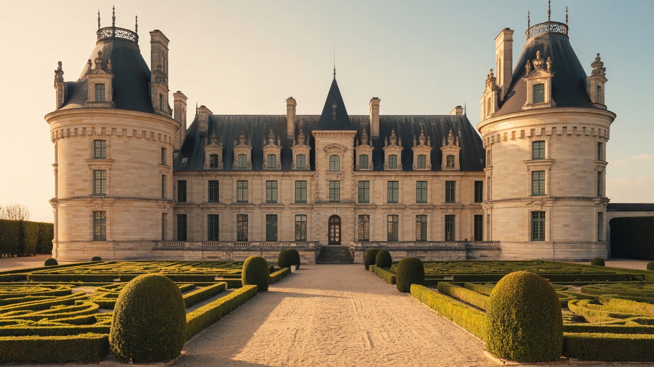 The Château de Chambord, a stunning French Renaissance castle, surrounded by lush greenery and a clear blue sky.
