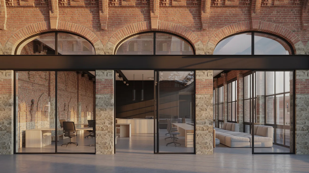 An office featuring large windows that allow natural light, with exposed brick walls creating a modern industrial atmosphere.