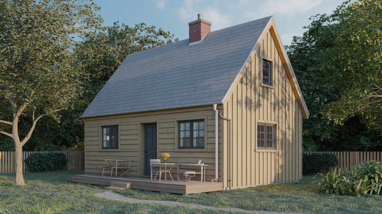 A small cabin nestled in a green field under a clear blue sky, surrounded by tall grass and wildflowers.