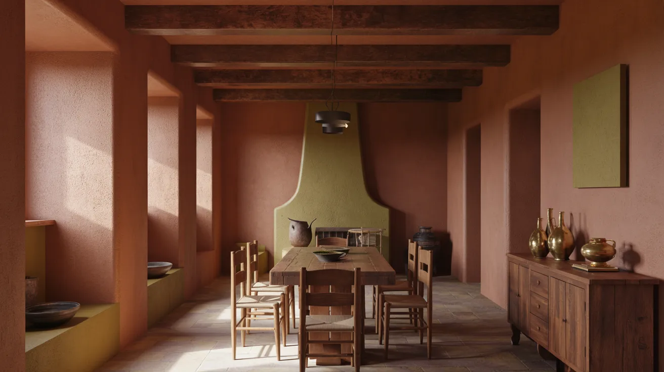 A cozy dining room featuring a fireplace and elegant wooden furniture, creating a warm and inviting atmosphere.
