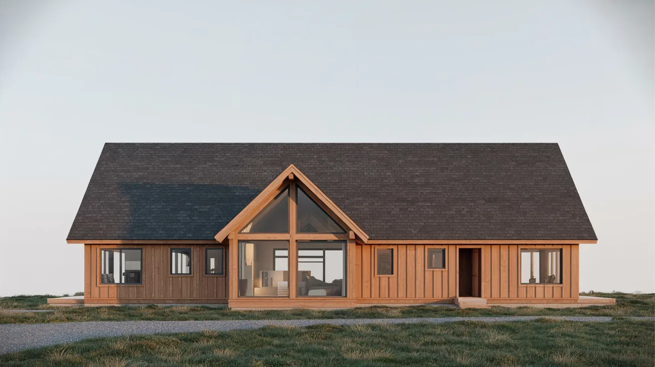 A small cabin featuring a spacious porch and a large window, surrounded by greenery.