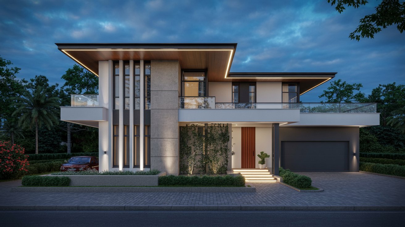 12. Luxury Front Elevation with Lighting