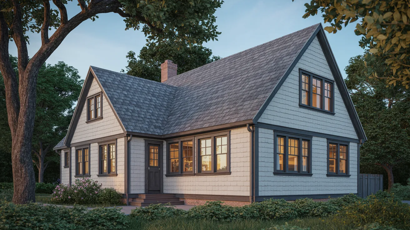 A rendering of a charming cottage-style home with a thatched roof and flower-filled garden.