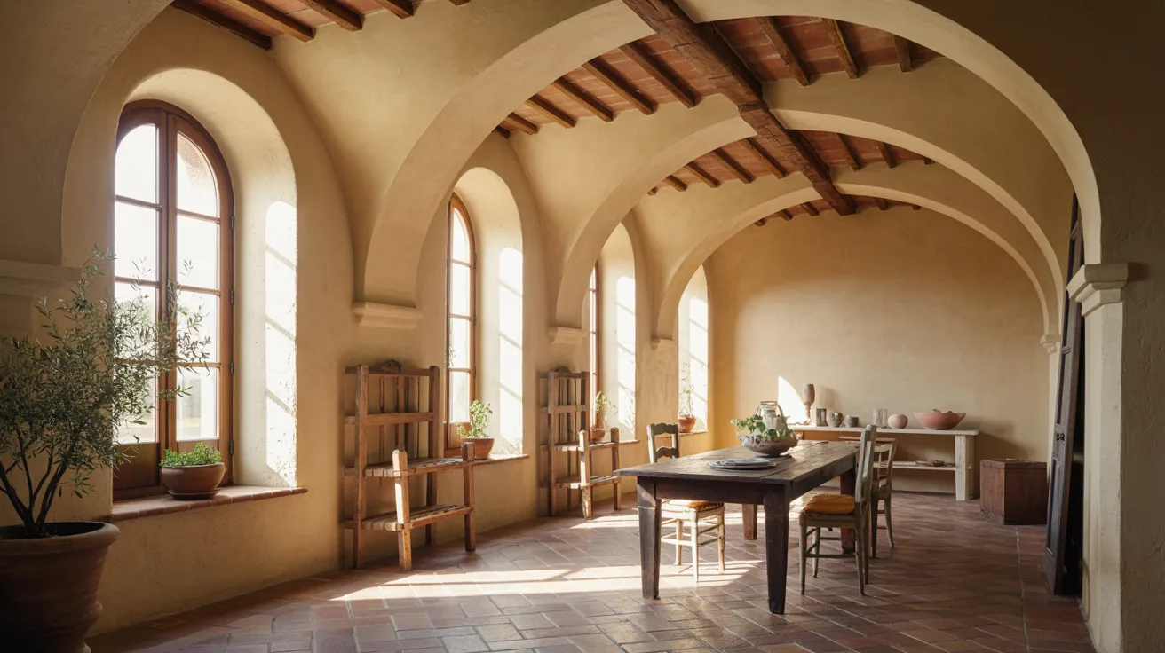 A spacious room featuring arched windows and a large table in the center, illuminated by natural light.