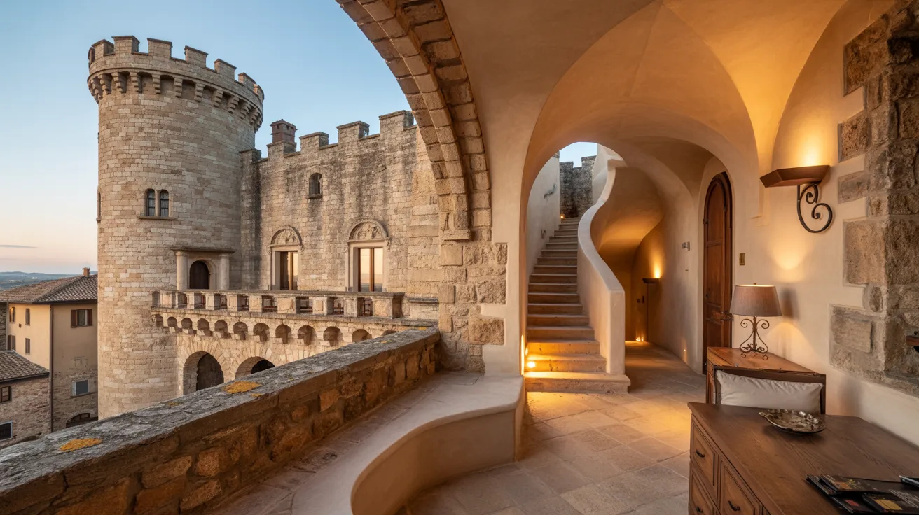 A castle featuring a balcony and stairs that ascend to the top, surrounded by a scenic landscape.