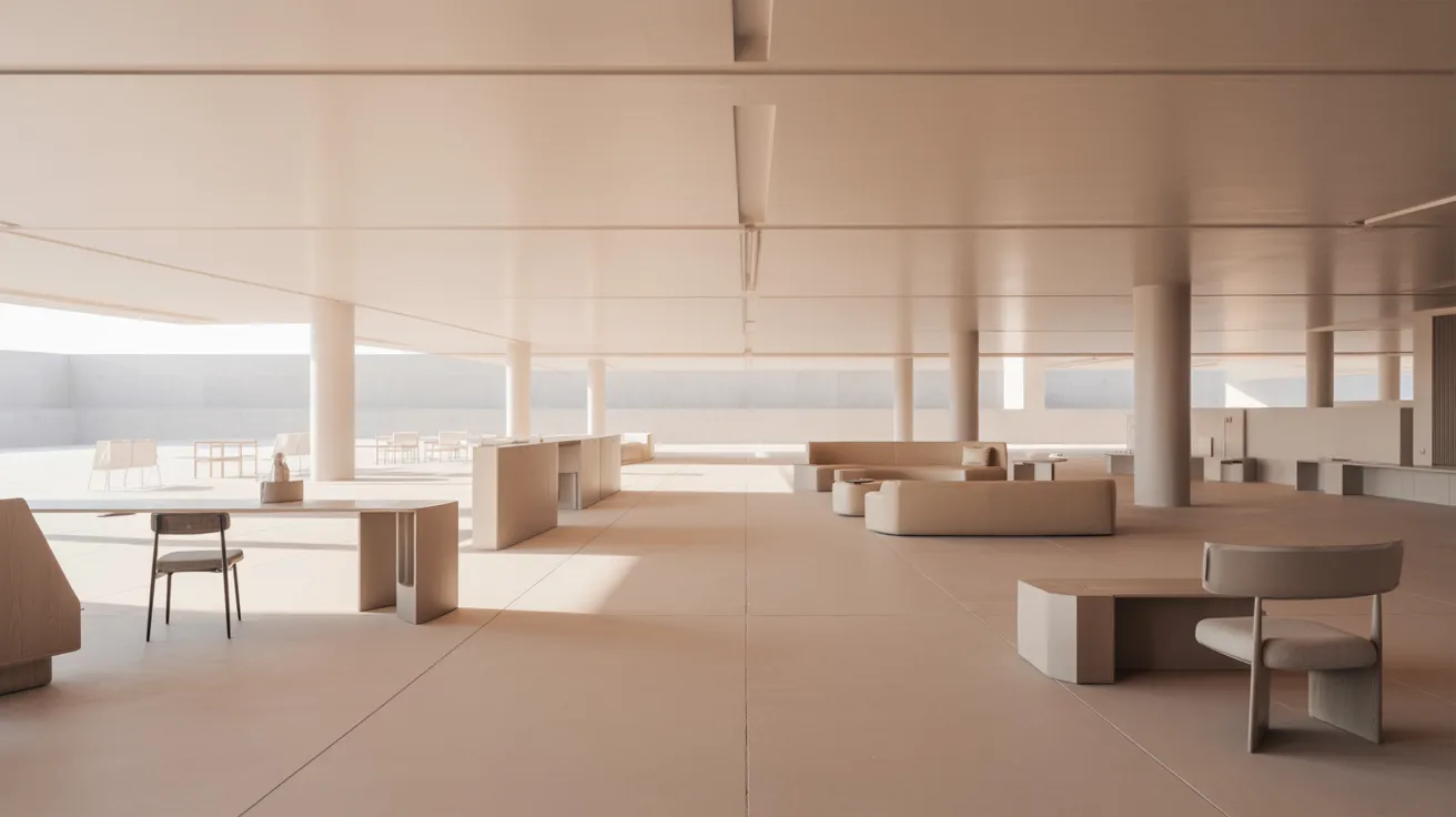 An expansive room filled with tables and chairs, ready for gatherings or events.