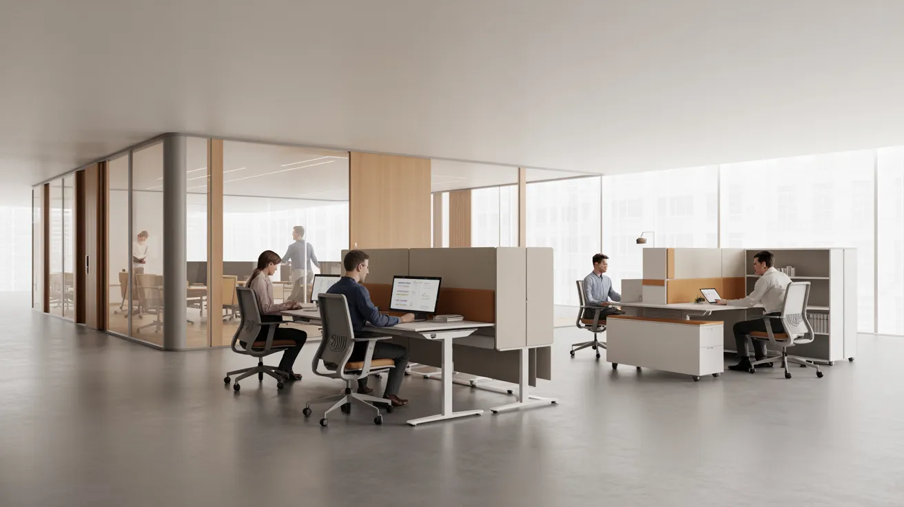 An office scene showing several people focused on their work at individual desks, surrounded by office supplies and equipment.