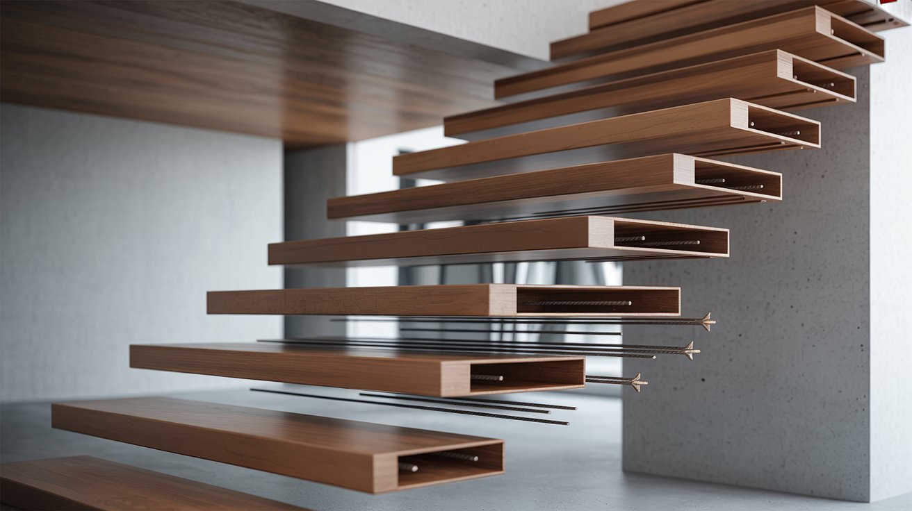 A staircase constructed from wooden planks, showcasing a natural finish and sturdy design.