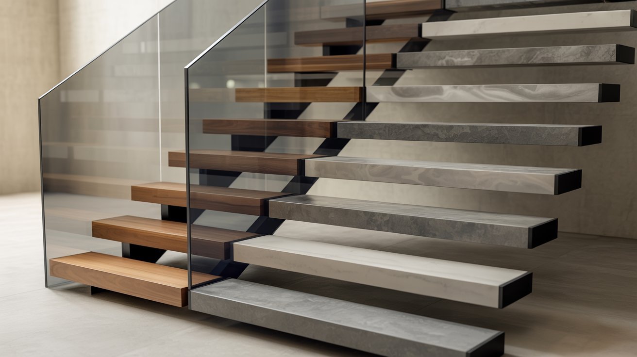 A modern staircase featuring a combination of glass and wooden steps, showcasing a sleek and contemporary design.
