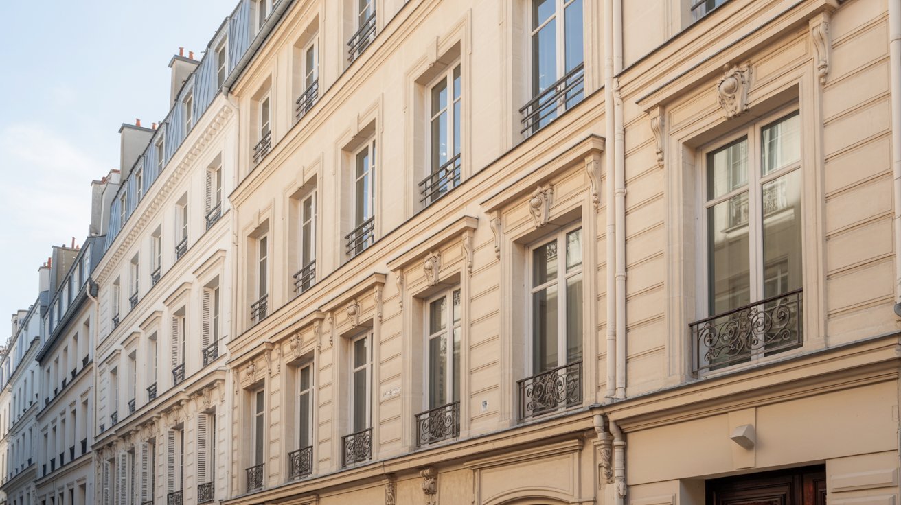 A street lined with buildings, featuring a parked car in the foreground.