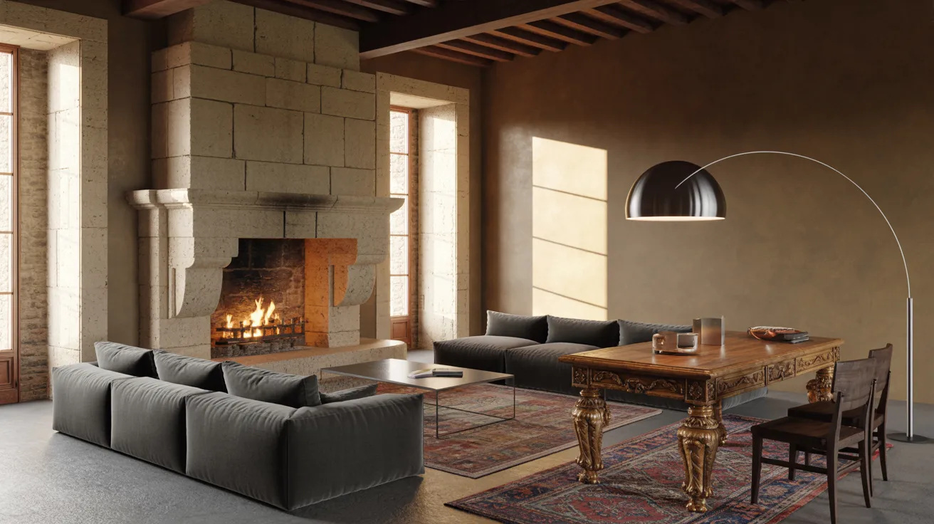 A cozy living room featuring a fireplace, two comfortable couches, and warm lighting for a welcoming atmosphere.