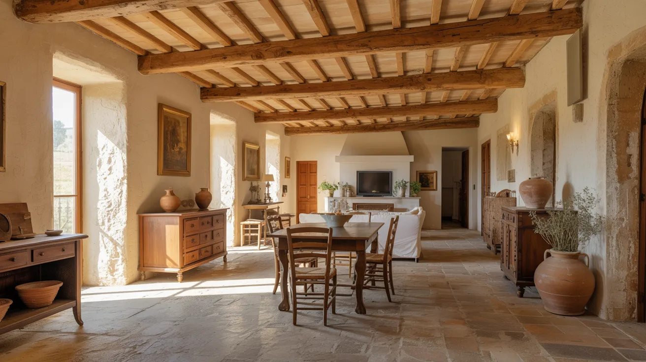 A spacious room featuring wooden beams and rustic stone floors, creating a warm and inviting atmosphere.

