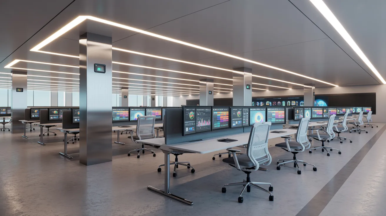 A spacious room filled with multiple desks and computers arranged for collaborative work.