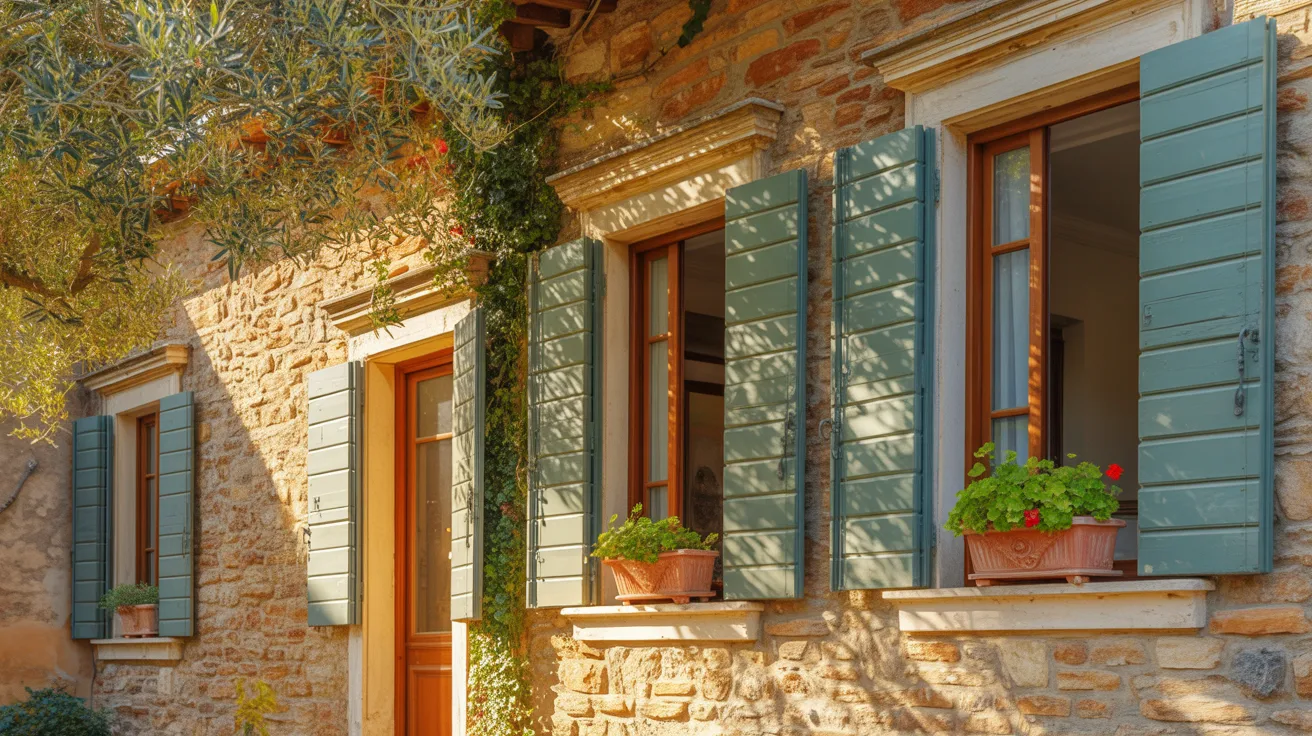 A stone house featuring green shutters and a potted plant on the porch, surrounded by a serene outdoor setting.