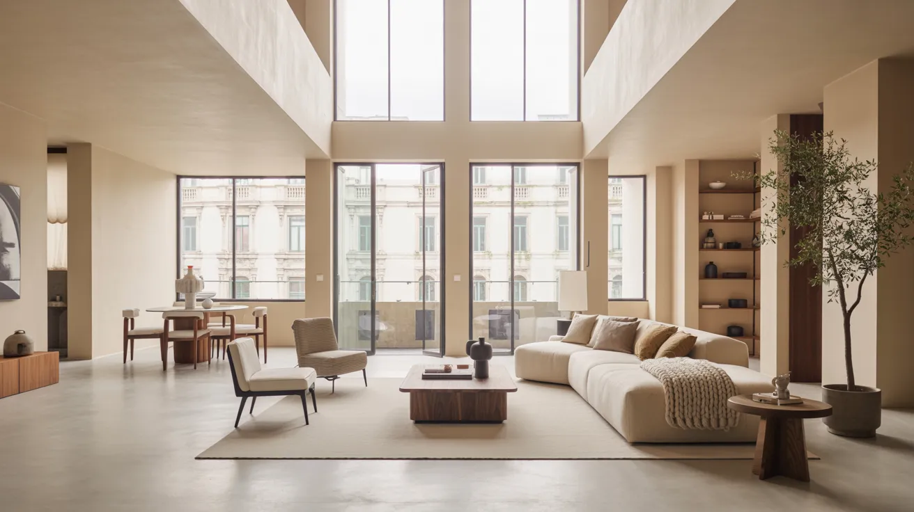 A spacious living room featuring high ceilings and numerous large windows, allowing ample natural light to fill the space.