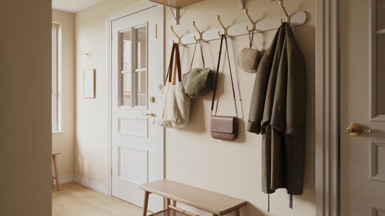 A wall featuring multiple hooks with various bags hanging from them, showcasing an organized storage space.