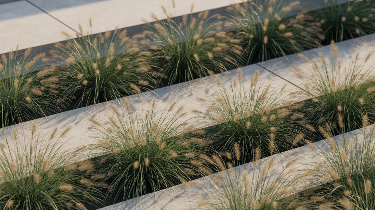 A set of stone steps surrounded by lush grass and various plants, leading up a gentle slope.