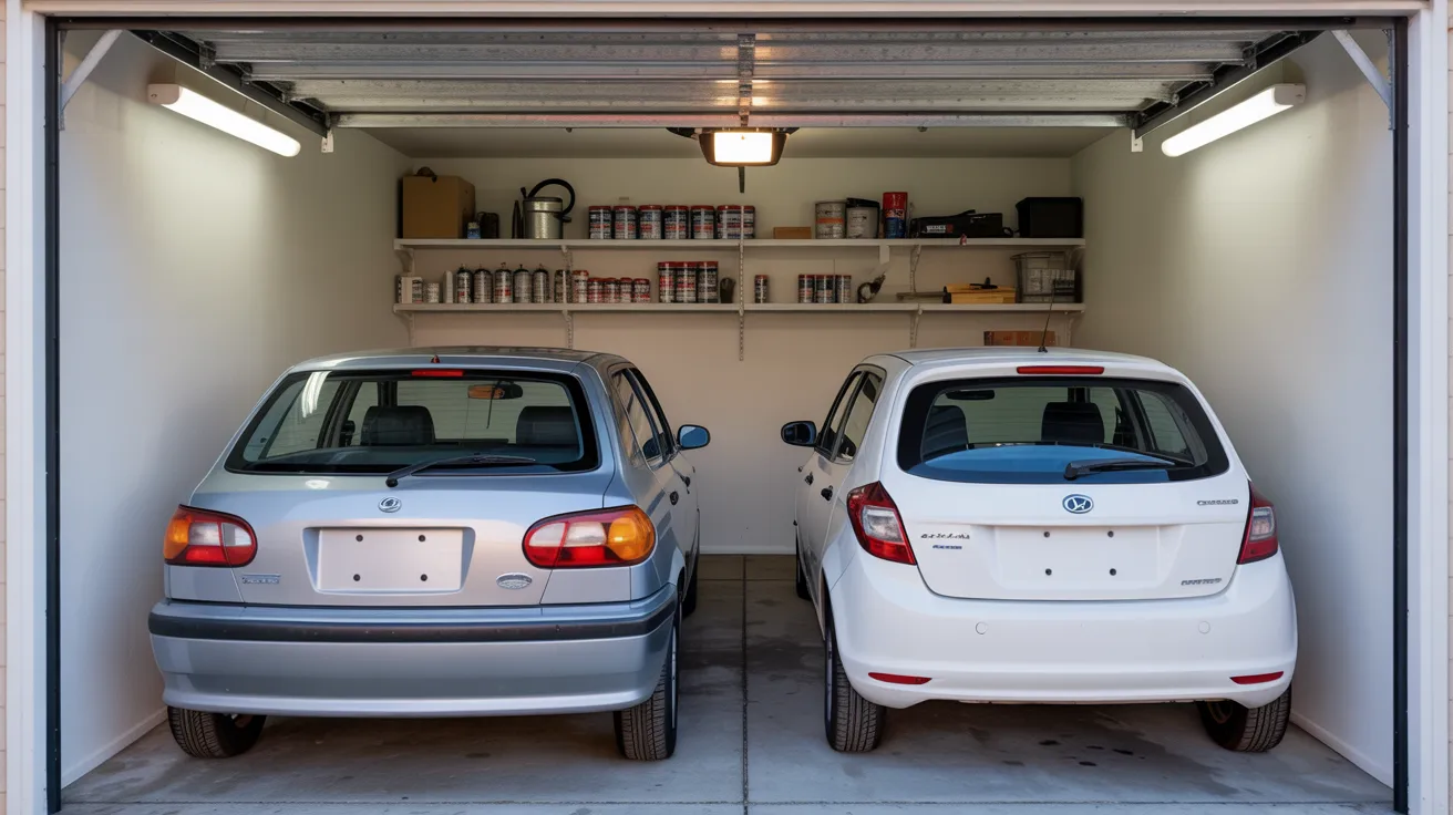 Two cars parked side by side in a spacious garage with concrete flooring and bright overhead lighting.