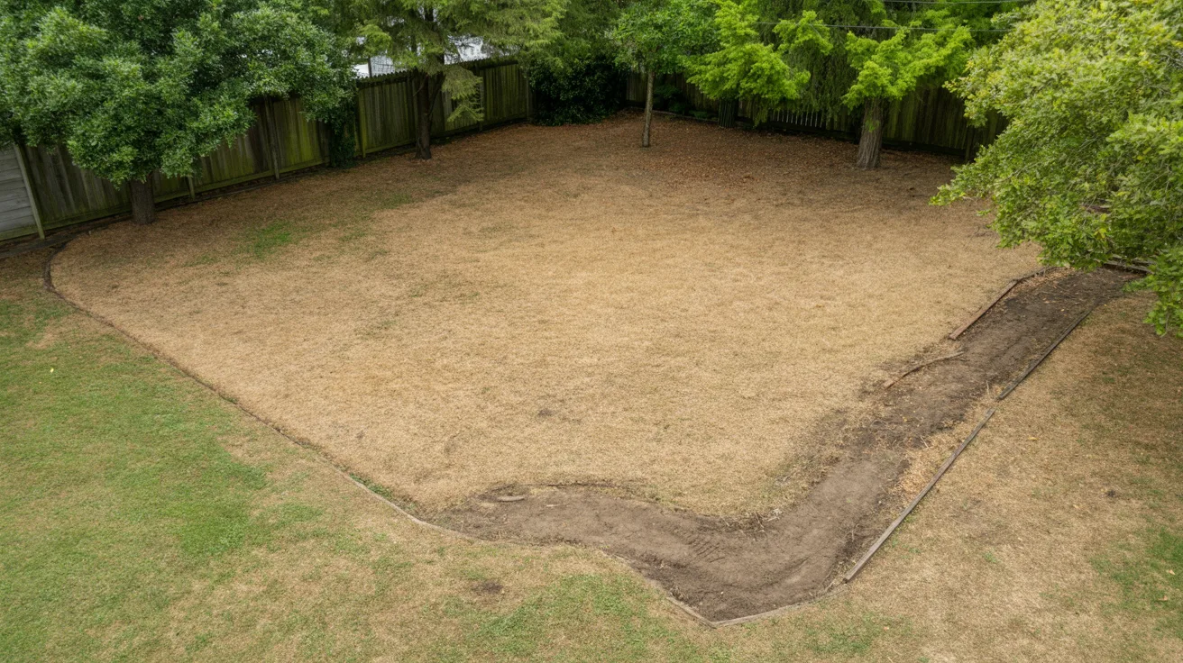 A backyard featuring a dirt patch surrounded by grass and a single tree providing shade.