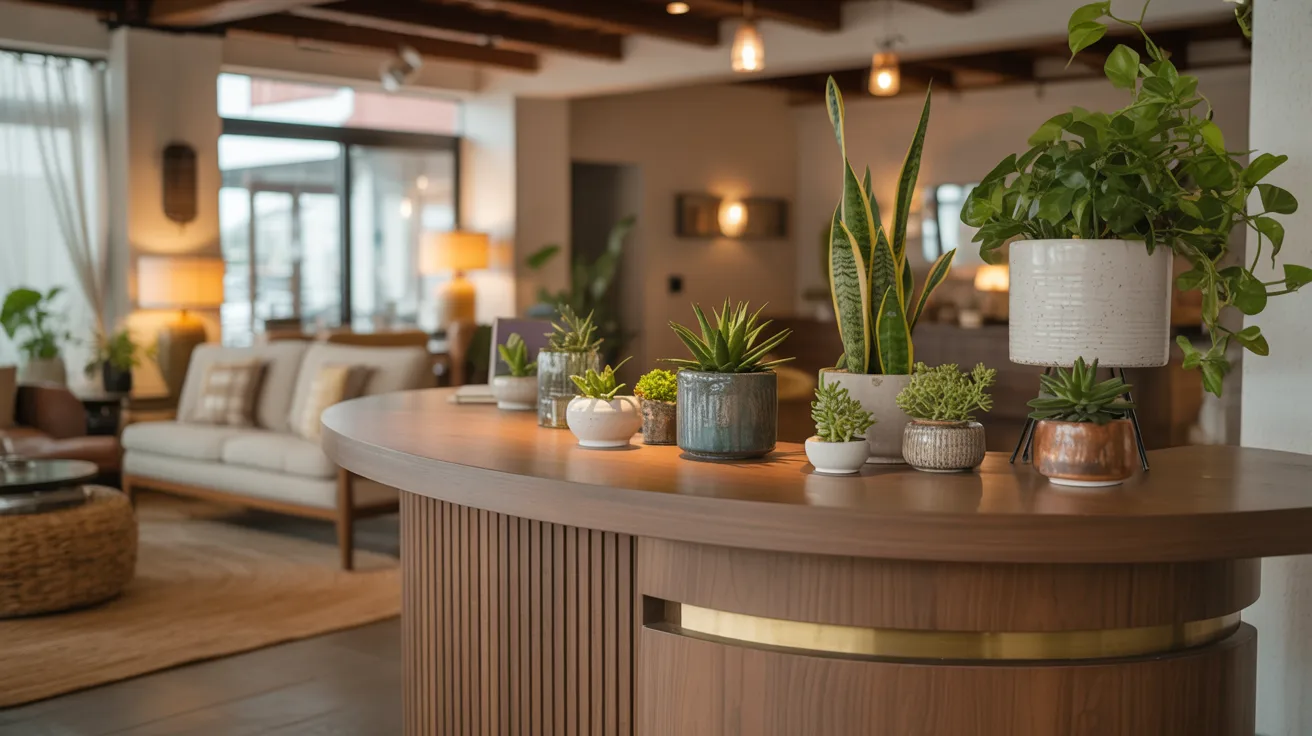 A reception desk adorned with potted plants and a stylish lamp, creating a welcoming atmosphere.