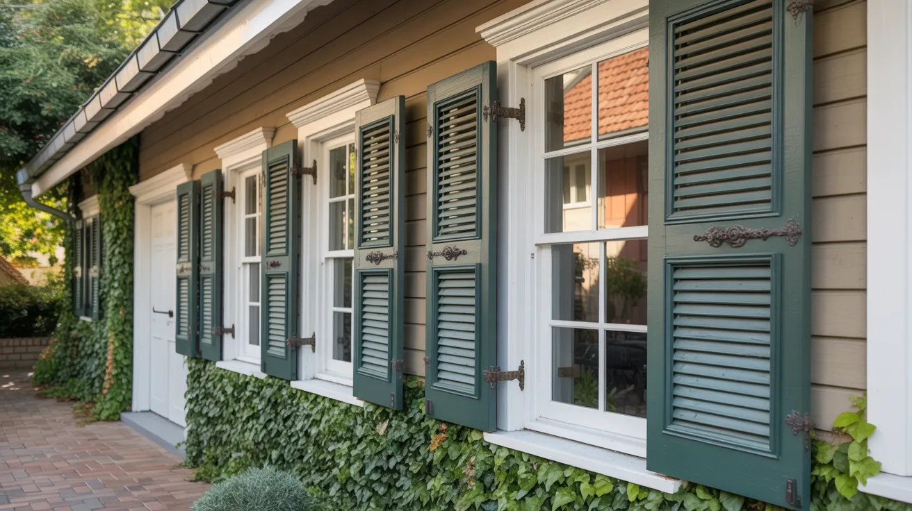A house featuring green shutters, surrounded by a well-maintained garden and a clear blue sky in the background.