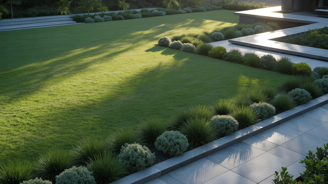 A contemporary garden featuring lush green grass and neatly trimmed shrubs.