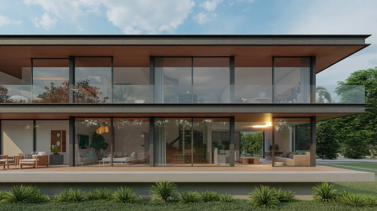 Modern house featuring glass walls and a spacious patio, blending indoor and outdoor living seamlessly.