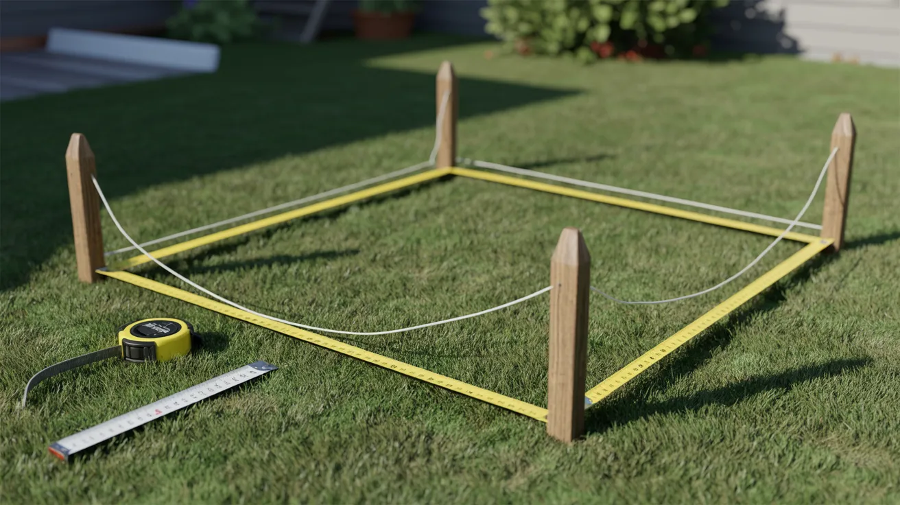 A small garden featuring a measuring tape and a rope laid out on the ground, indicating a gardening project in progress.
